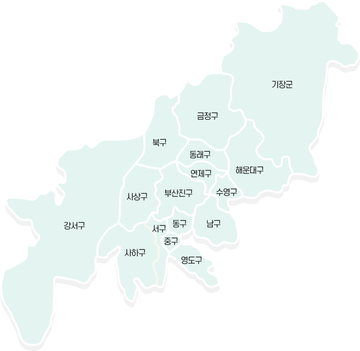 부산광역시 지도(강서구, 사상구, 사하구, 서구, 중구, 영도구, 동구, 남구, 부산진구, 북구, 금정구, 동래구, 연제구, 수영구, 해운대구, 기장군)