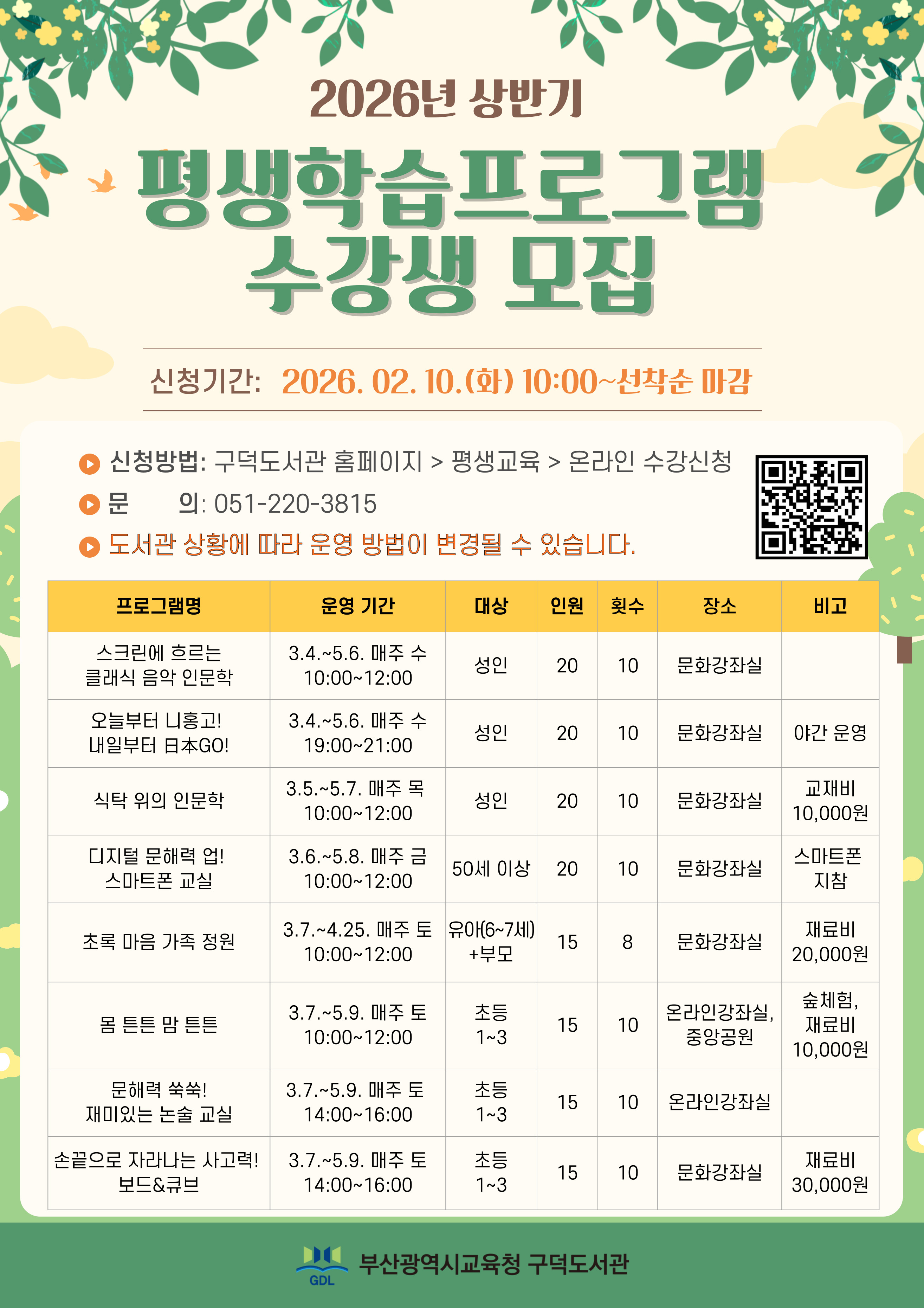 부산구덕도서관, 2026년 상반기 평생학습프로그램 운영